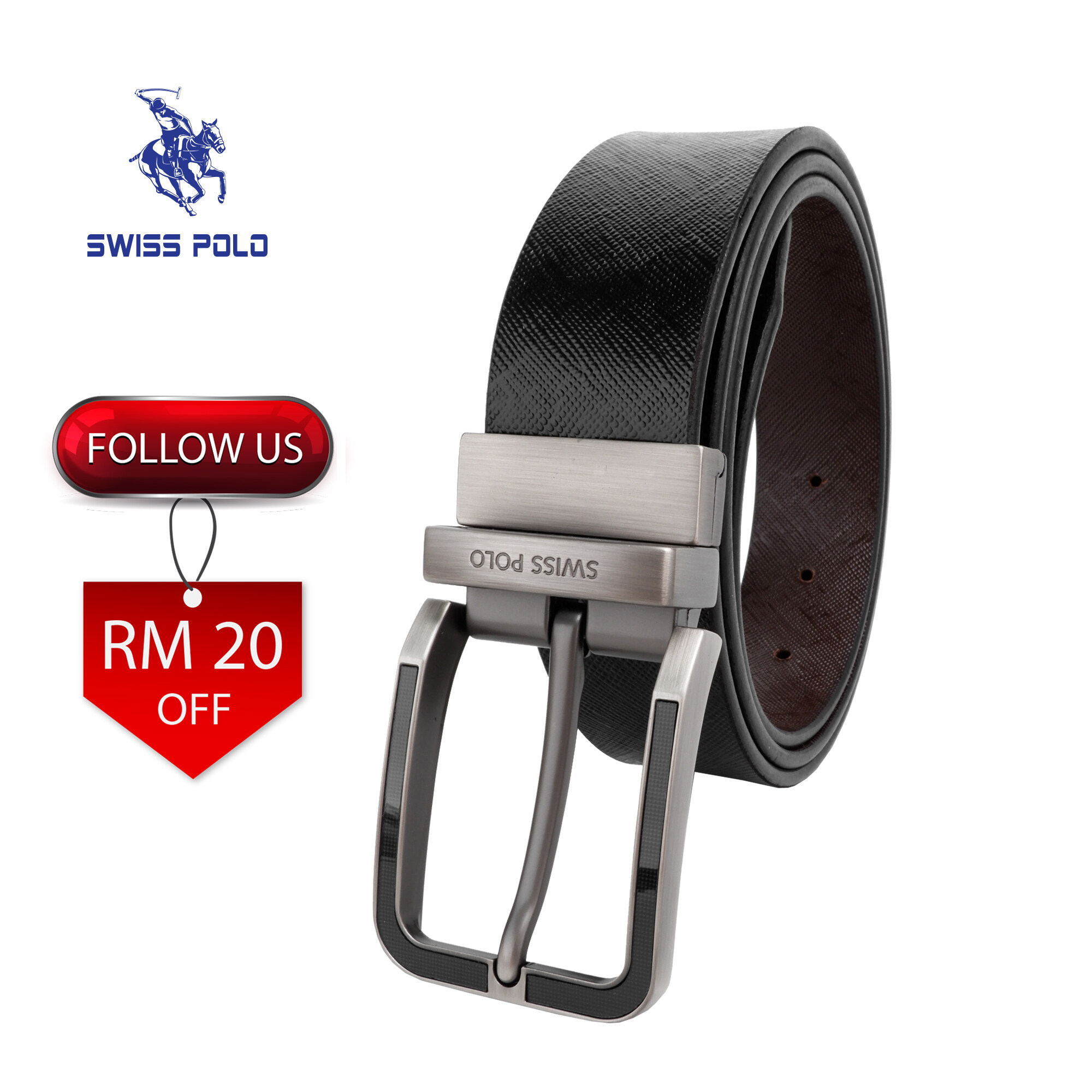 SWISS POLO Genuine Leather 35Mm Reversible Belt WAB 458-1 BLACK MIX