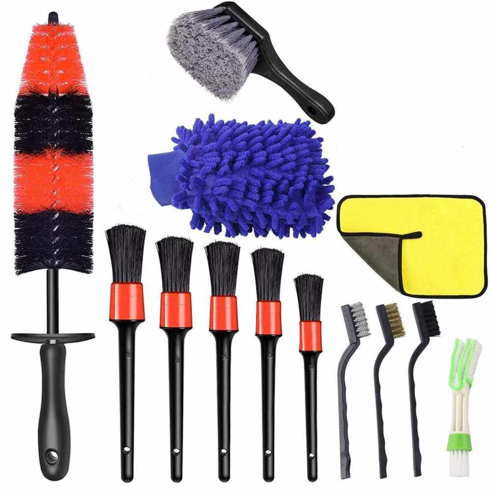 13PCS Car Wheel Brush Set Car Wheel Cleaning Brush Kit Including 5 Detailing Brushes, 3 Steel Wire Brushes, 1 Wheel Rim Brush, Air Vents Brush, Tire Brush, Car Wash Mitt, Towel (Standard)