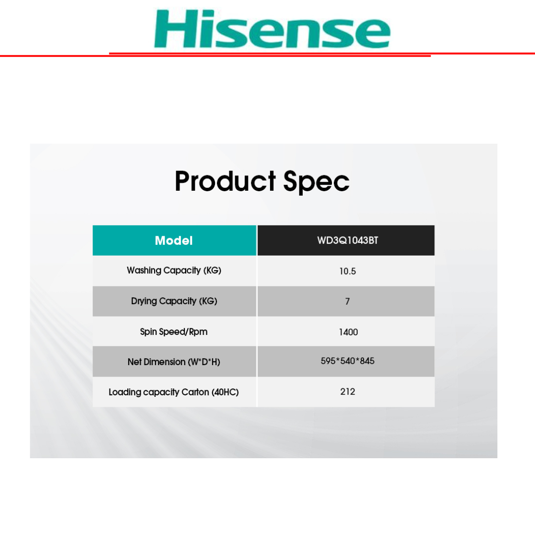 HISENSE FRONT LOAD WASHER DRYER [10.5KG/7KG] WD3Q1043BTHISENSE WARRANTY MALAYSIA