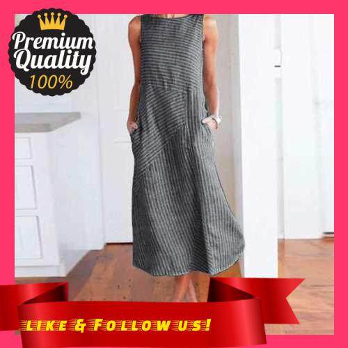 People's Choice Women Plus Size Dress Linen Retro Print O Neck Sleeveless Side Pockets Summer Casual Maxi Party Beach Dress (Black)