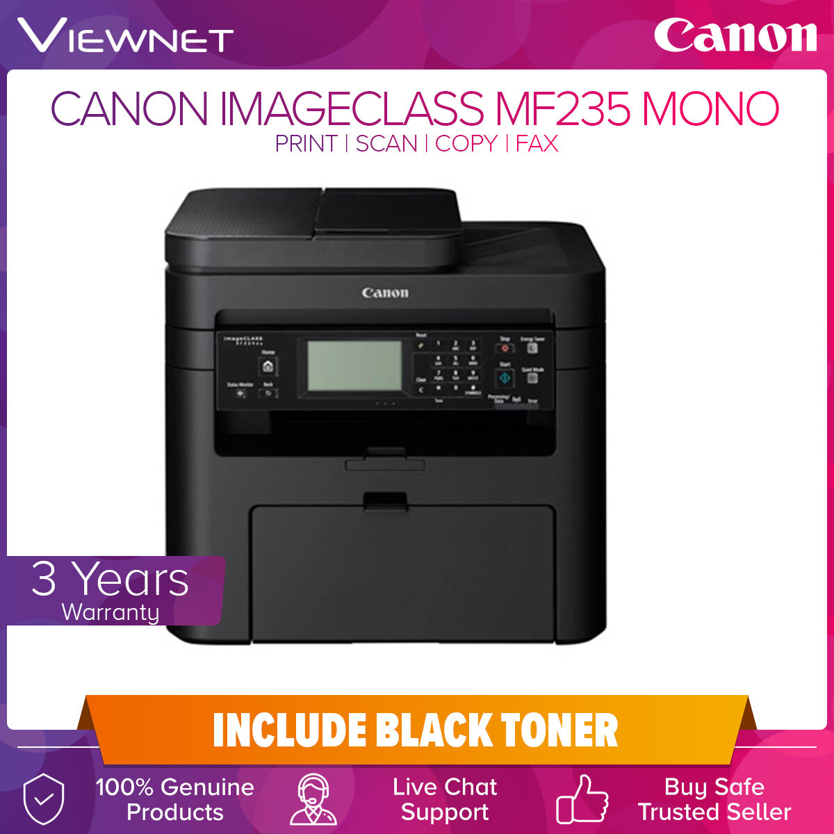 Canon  imageCLASS MF235 Compact All-in-One Mono Printer (Print, Copy, Scan, Fax) with ADF, Print, Scan, Copy, Fax