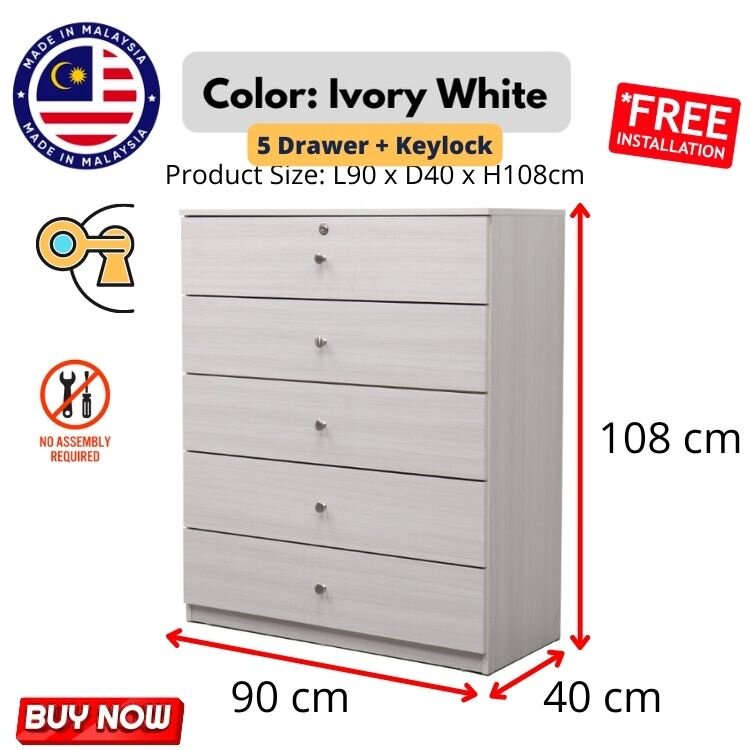 ROAM Chest Drawer 5 Layer Almari Baju Ikea 5 Tier Putih Cupboard Wardrobe Cabinet Storage White Color Bedroom Furniture Kabinet Bilik Tidur 5 Tier White Brown Color