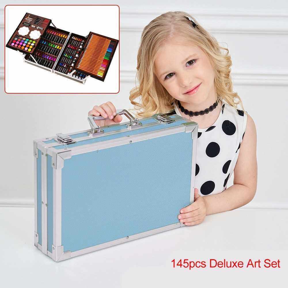 145pcs Deluxe Art Set Portable Aluminum Case with Markers Color Pencils Oil Pastels Watercolor Cakes Paints and Accessories Painting Tool Set Great Gift for Children Beginners (Blue)