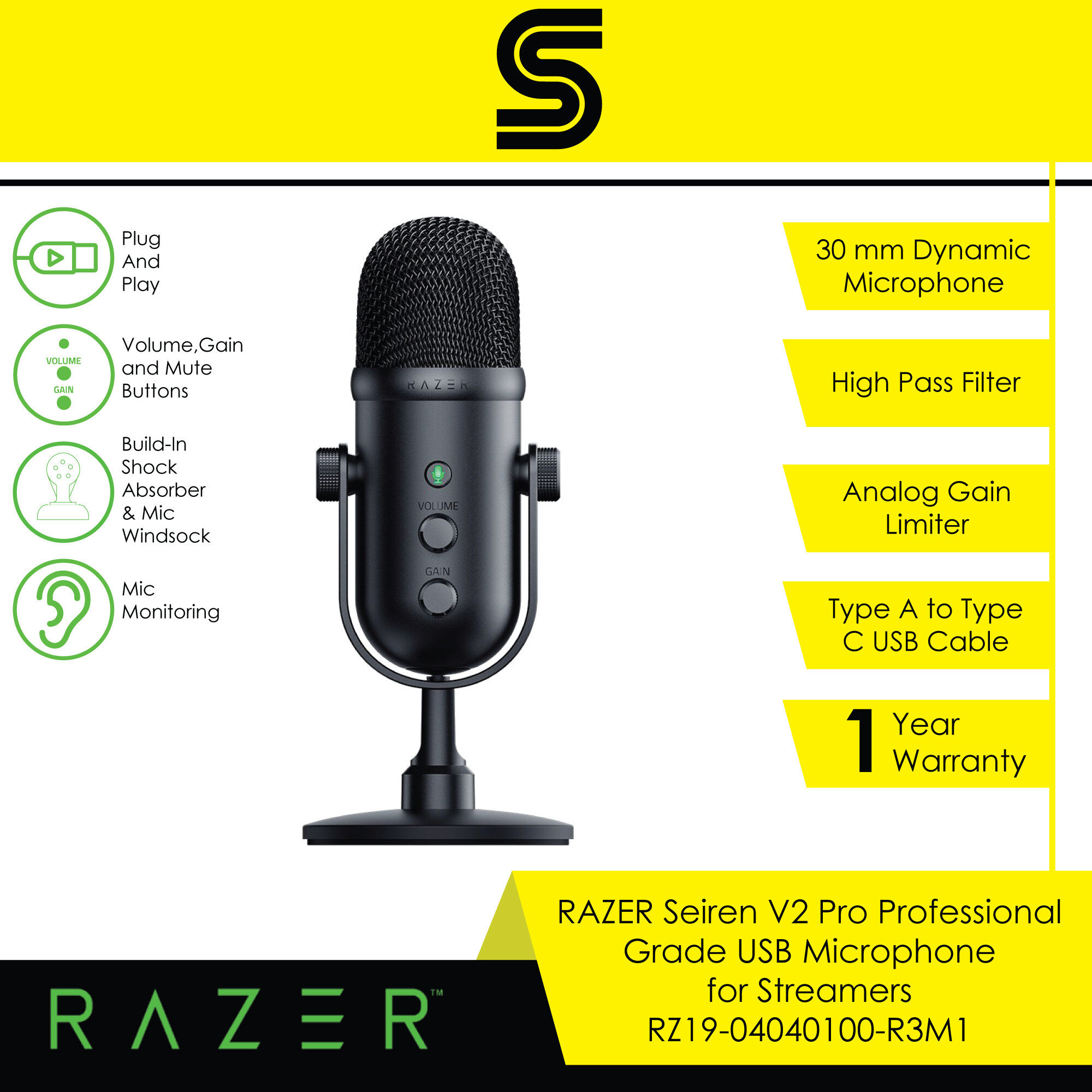 RAZER Seiren V2 Pro Professional Grade USB Microphone for Streamers - RZ19-04040100-R3M1