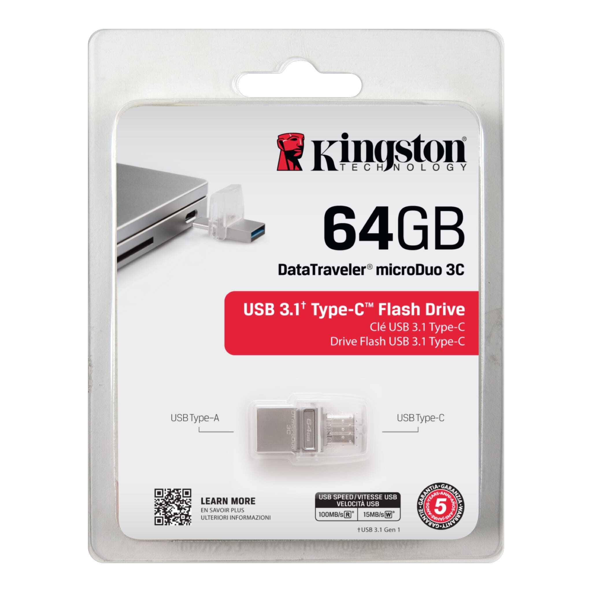 Kingston DataTraveler microDuo 3c USB Flash Drive (32GB / 64GB / 128GB) with Dual Interface for USB Type-A and USB Type-C, Plug and Play