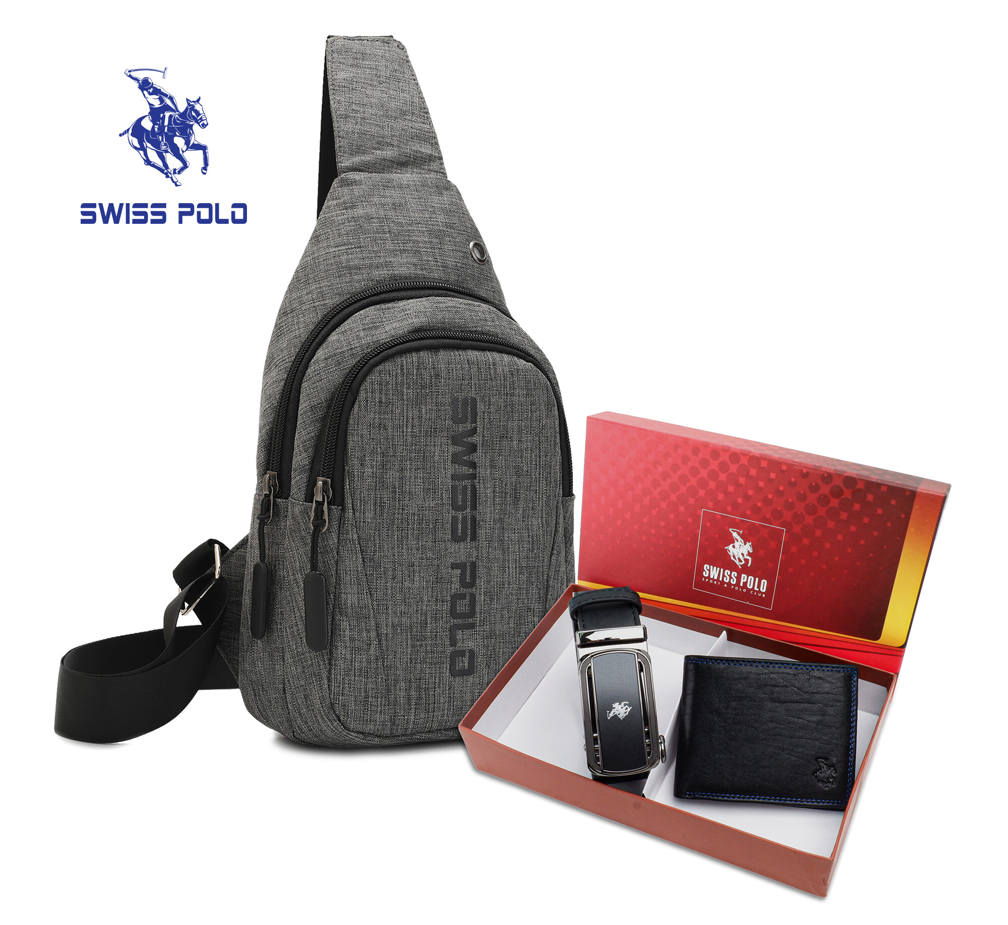 SWISS POLO Gift Set/ Box Chestbag And Genuine Leather Walletwith Belt SGS 548 BLACK