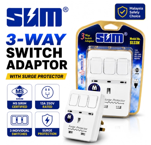 SUM S133N - 3 Way 3 Pin Adaptor with Neon & Surge Protector