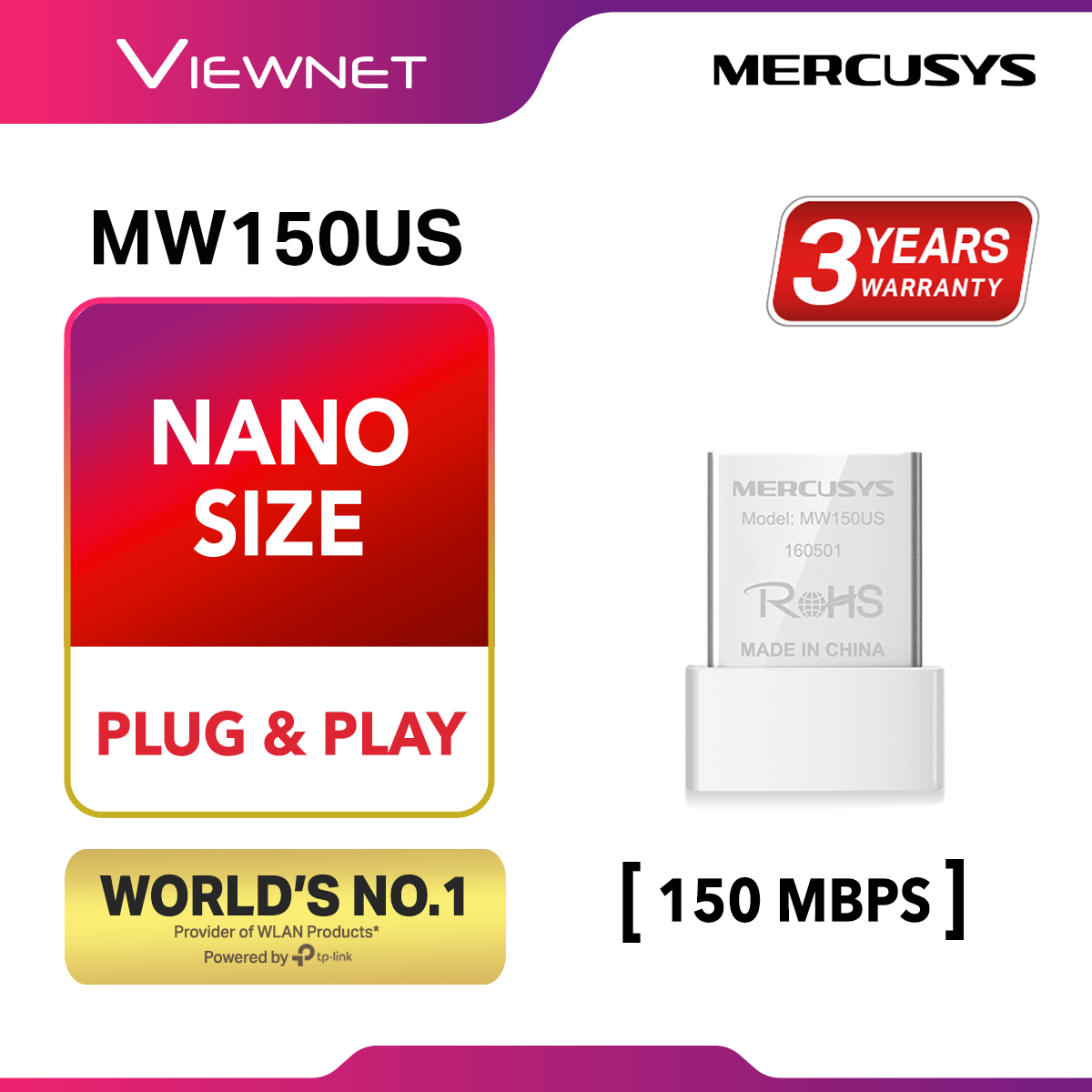 Mercusys MW150US 150Mbps Nano Mini USB Wireless Wifi Adapter For Laptop & Desktop MW150US (Powered By TP-Link)