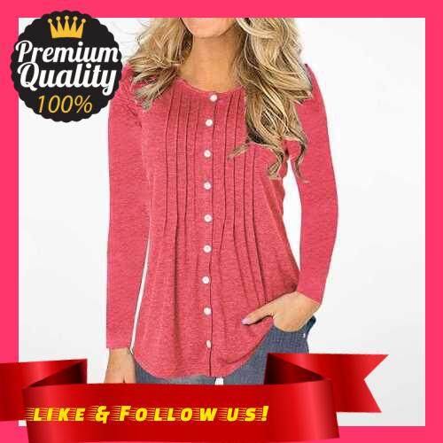 People's Choice Women Plus Size Blouse Plain Color Button Fastening Pleated Round Neck Long Sleeve Casual T-shirt (Watermelon Red)