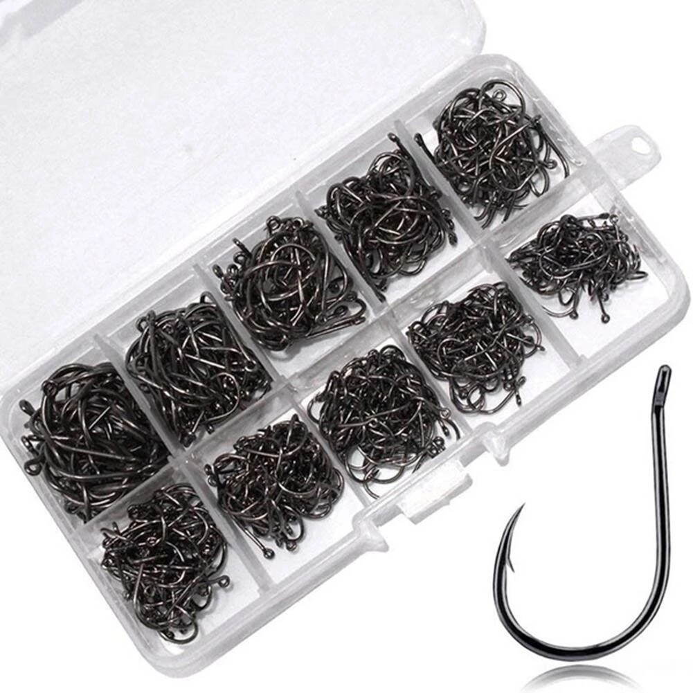 500 cái 10 Kích thước móc câu cá Bộ thép carbon Móc Câu Cá câu cá bằng ruồi nhân tạo móc cá chép Câu cá trên biển phụ kiện câu cá