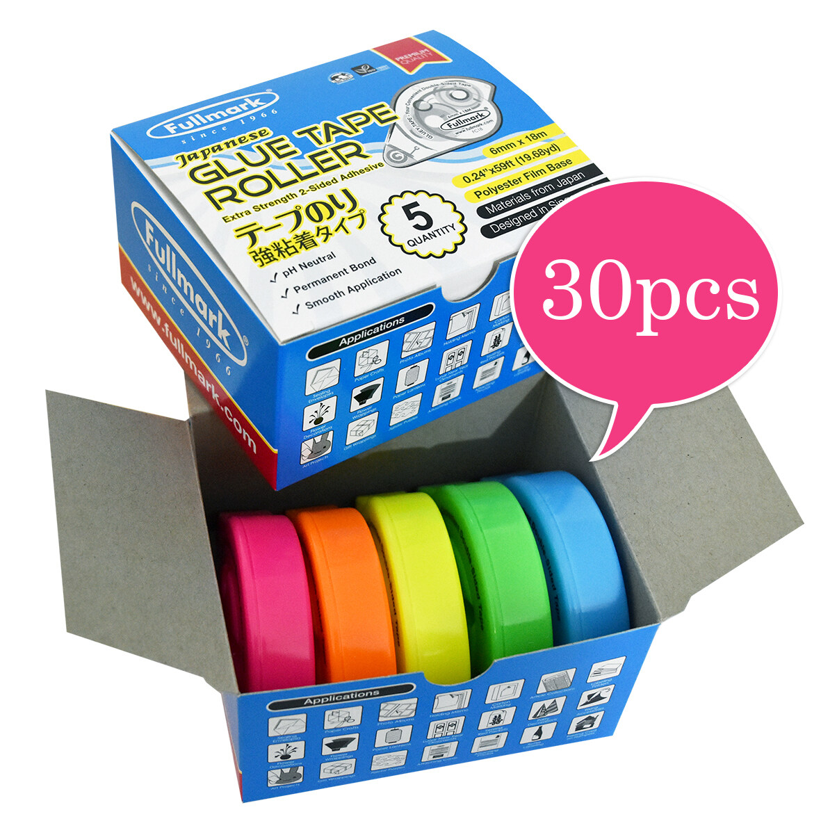Fullmark Glue Tape Roller / Permanent Adhesive 6 mm x 18 m each (Assorted Colors) x 30 pcs