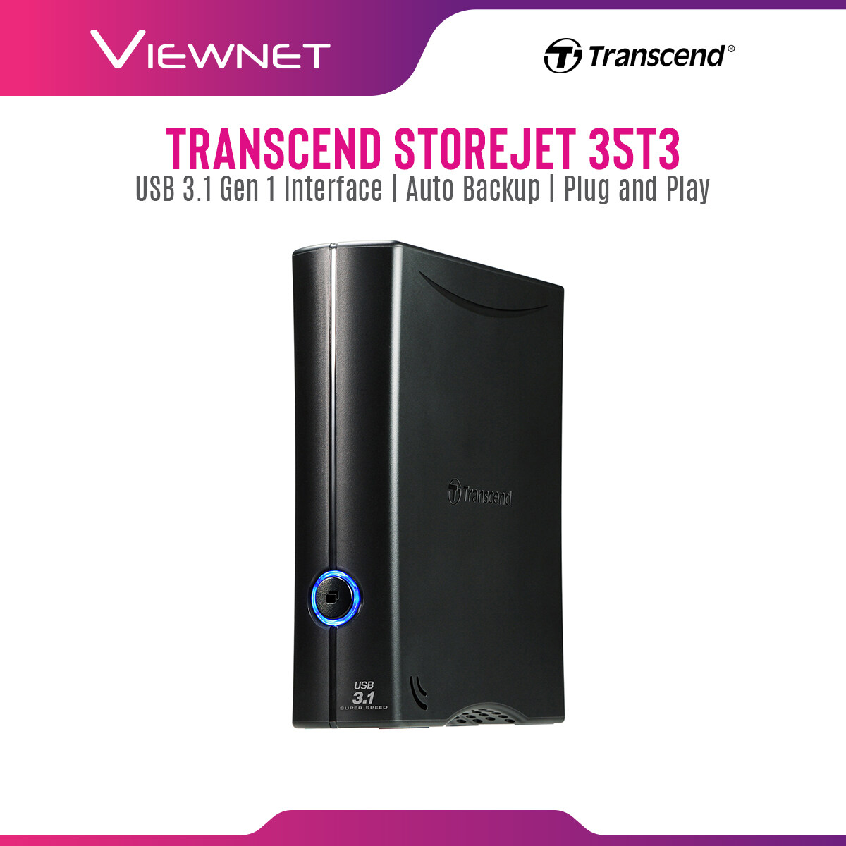 Transcend Desktop External Drive StoreJet 35T3 with USB 3.1 Gen 1 Connection, Auto Backup, Plug and Play