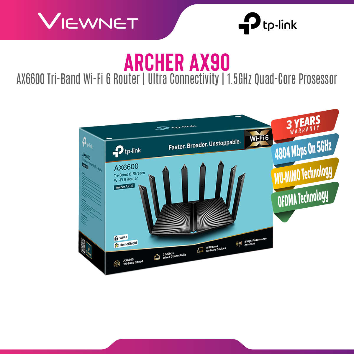 [READY STOCK]  Tp-Link Archer AX90 AX6600 Tri-Band Wi-Fi 6 Router with 1.5GHz Quad-Core Processor For UniFi Fiber, Maxis, Time