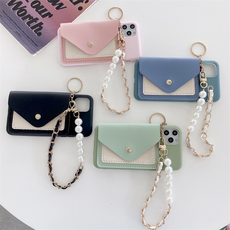 【Hot Sale】NIQUXI Luxury Pearl Chain Bracelet Solid Color Card Wallet Phone Case For iPhone 11 12 Pro Max X XR XS 7 8 Plus SE 2020 Soft Coque