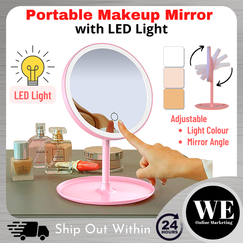 (Ready Stock) LED Makeup Mirror - Wireless Portable Cosmetic Mirror USB Rechargeable Adjustable Rotation Counter-top Mirror with Light Cermin Solek Dengan Lampu LED Lampu Cermin Solek LED Cermin LED Light Mirror