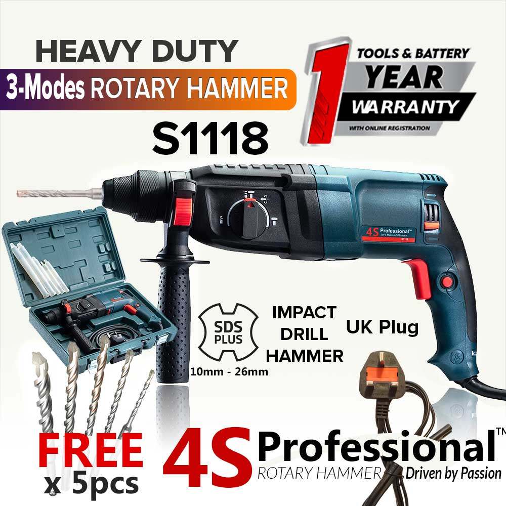 (FREE GIFT) 4S Professional™ S1118 SDS Plus Impact Rotary Hammer Drill + 5pcs Drill / Chisel Bits + Free 6pcs Microfibre W3 Towel