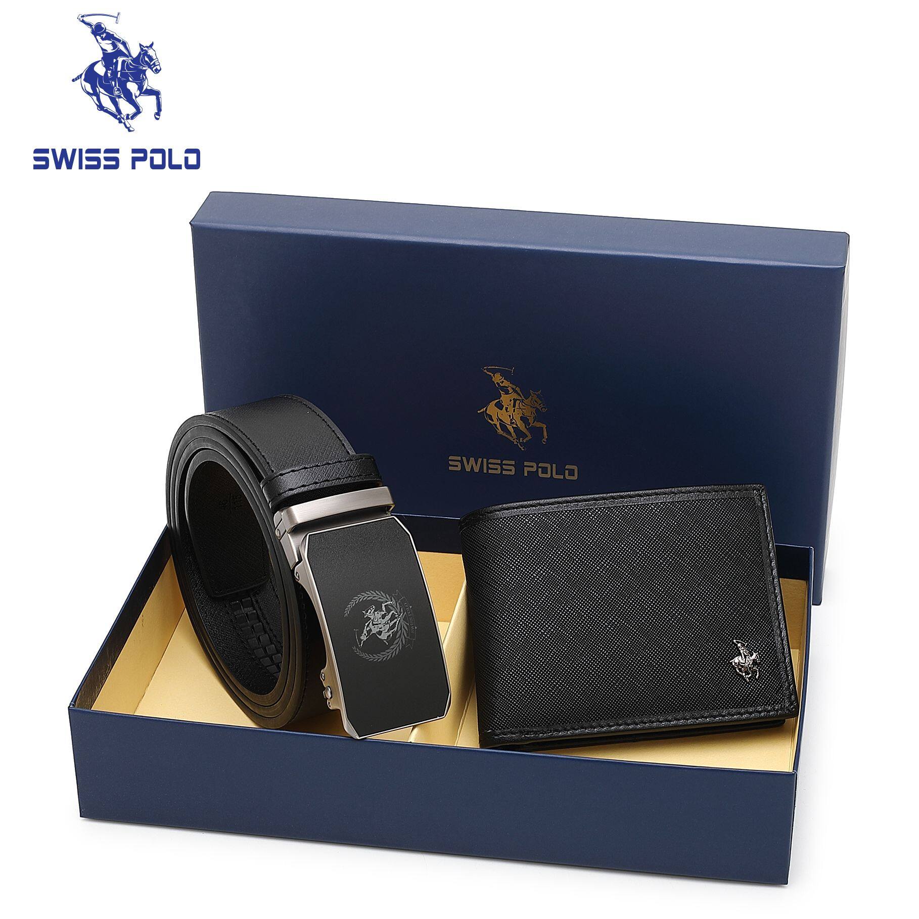 SWISS POLO Gift Set/ Box RFID Bifold Wallet With Belt SGS 556-2 BLACK