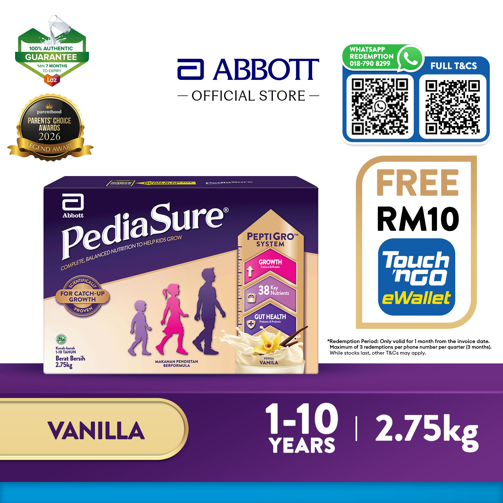 [Whatsapp Redemption] PediaSure Peptigro Vanilla 2.75kg BIB FREE RM10 TNG E-Wallet (Child Nutrition Supplement for Growth)