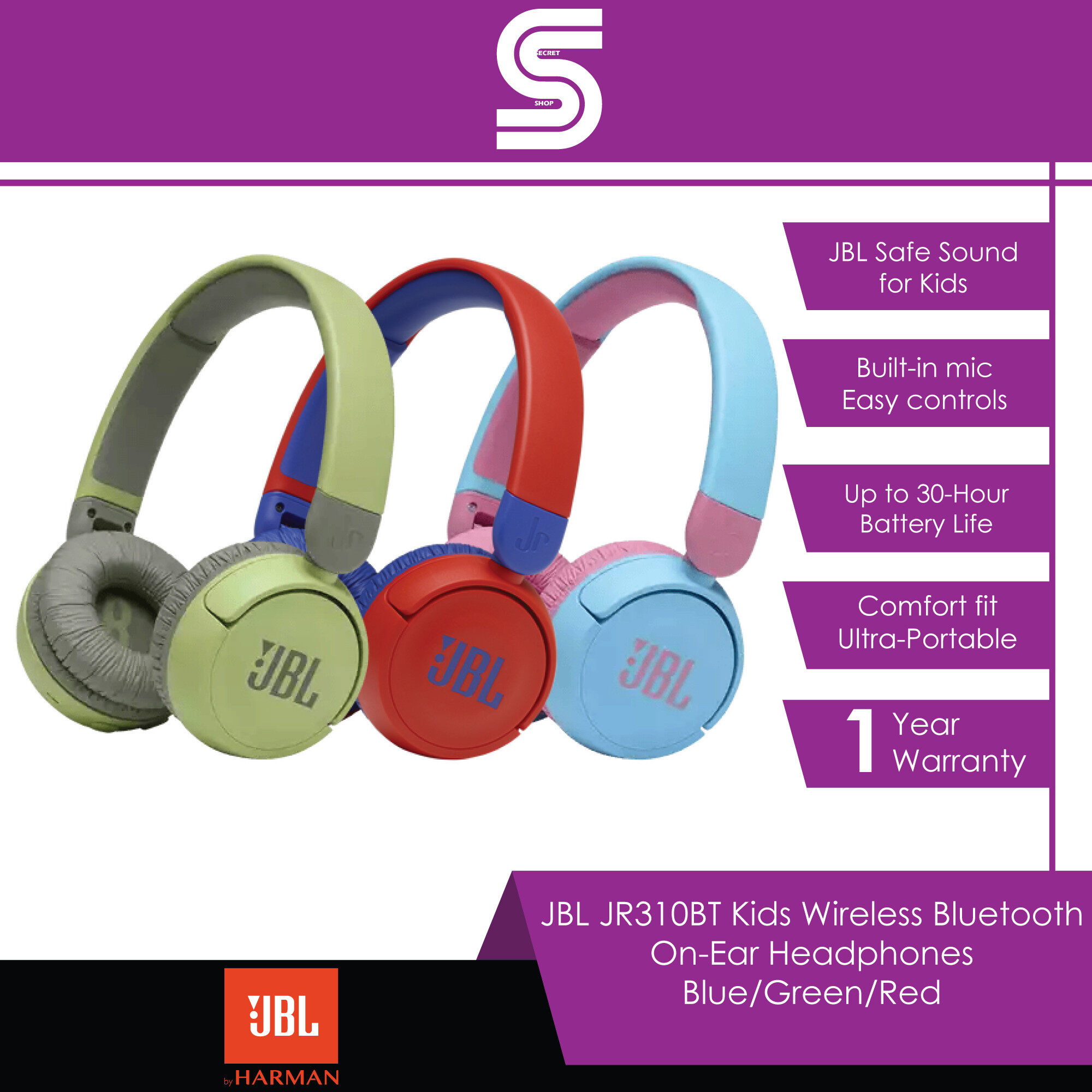 JBL JR310BT Kids Wireless Bluetooth On-Ear Headphones - Blue/Green/Red