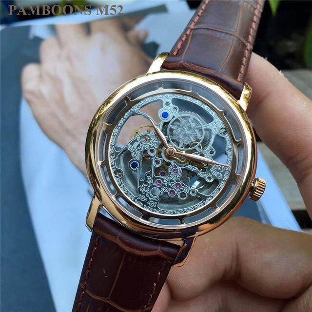 Mechanical Automatic Skeleton Watches Men Steampunk Wrist Watch Power Self Widing Bronze Antique Leather Clock Mens Wristwatches