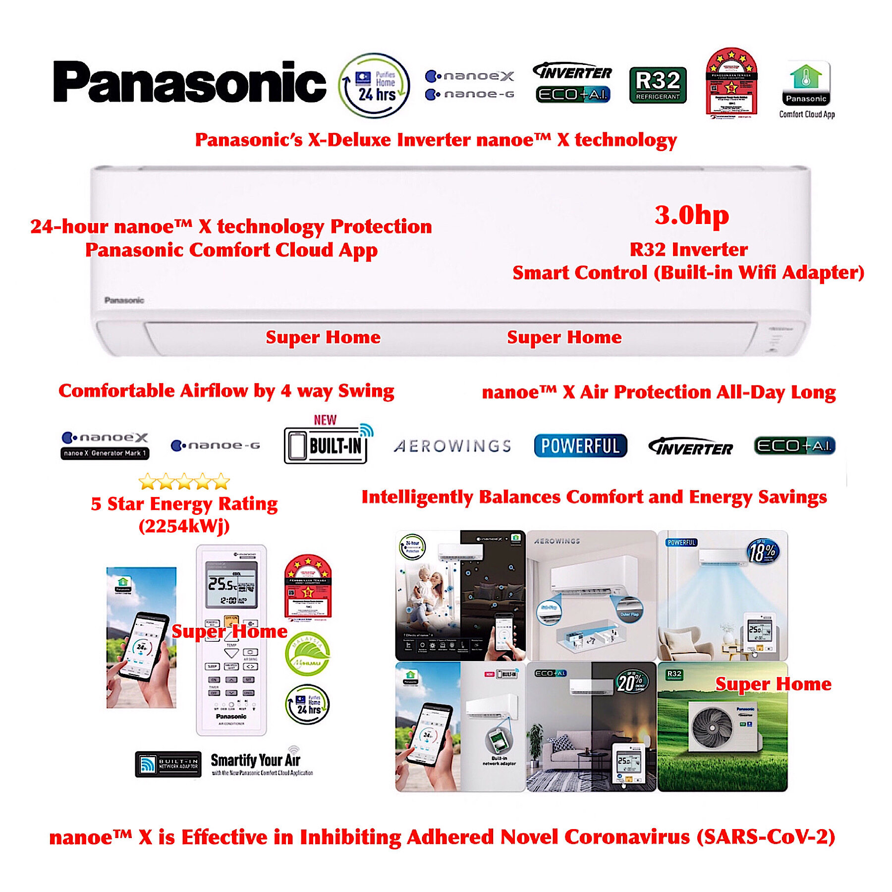 Panasonic 3.0hp XDeluxe Inverter Aircond CSXPU28XKH & CUXPU28XKH 3.0hp Smart Control R32