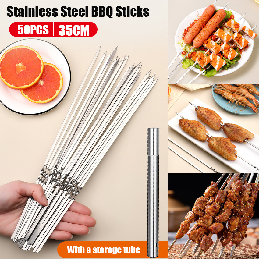 50 chiếc bộ que nướng bbq dẹt bằng thép không gỉ, que nướng bbq bằng thép không gỉ 35cm với ống đựng di động để nướng, xiên nướng thịt bằng kim loại cho thịt tôm gà rau củ nấu ăn ngoài trời