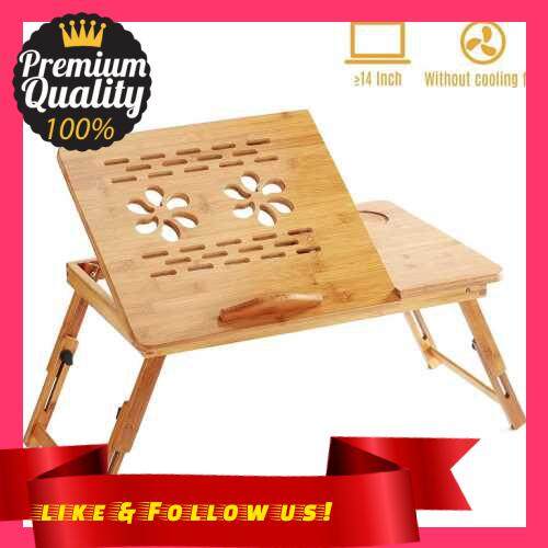 People\'s Choice Foldable Bamboo Laptop Desk Stand Breakfast Serving Bed Tray Table Height Adjustable with 4 Angles Tilting Top Drawer for Reading Writing Working Eating (Natural Color)