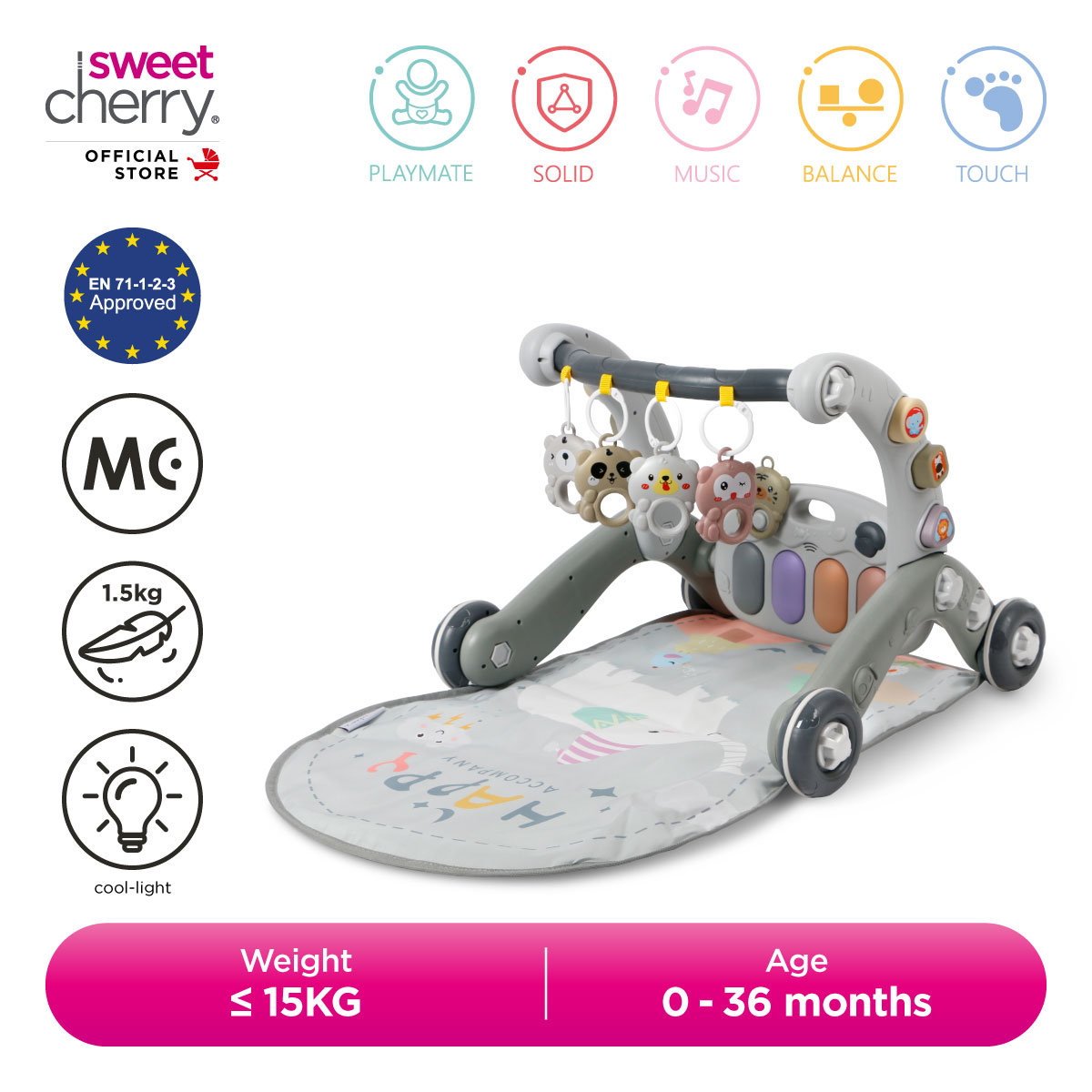 Sweet Cherry Baby Gym Play Mat & Baby Activity Center with Music and Light SC1166 Kiddie 3-In-1 Play Gym Walker
