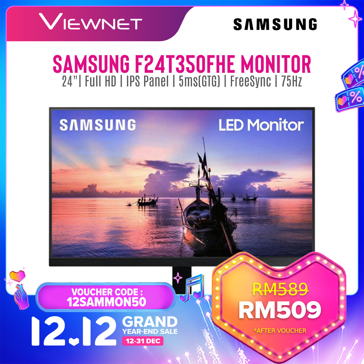 Samsung LF24T350FHEXXM 24" Flat Monitor (IPS Panel, Full HD, 5ms Response Time, FreeSync, Vesa, 75Hz Refresh Rate)
