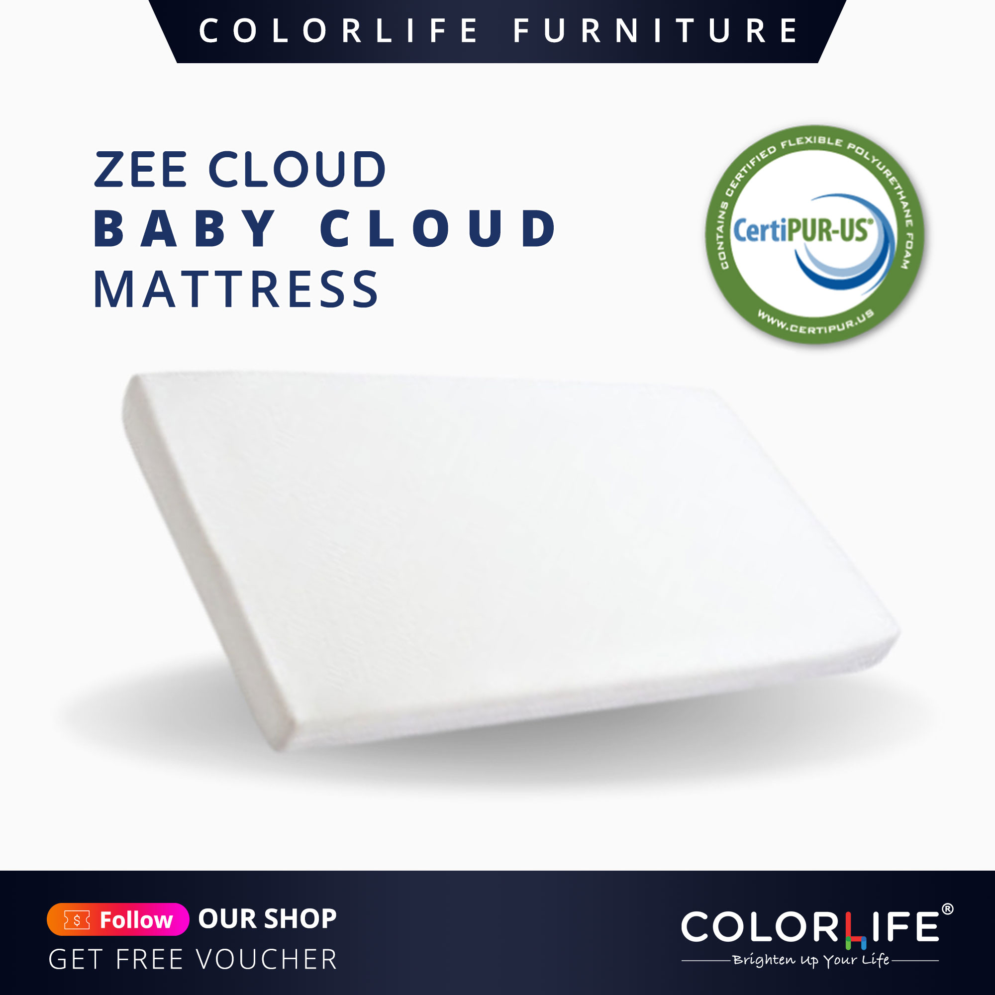Color Life Zee Cloud Baby Mattress / (120cm x 60cm x 10cm) / CertiPUR-US® High Density with Advanced Air-Flow Technology Foam