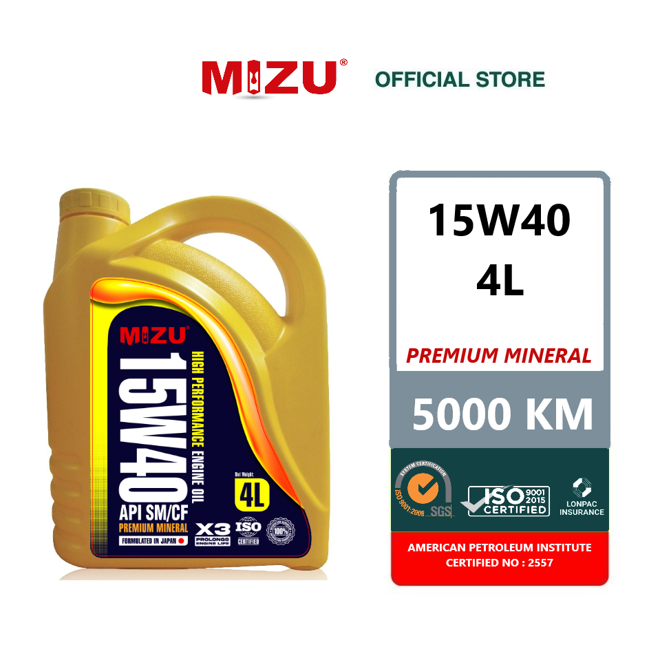 [Free shipment] Mizu Premium Mineral Lubricant 15W-40 Car Engine Oil - 4 litres [ Limted Promotion ][ Free 1 mileage sticker ] 15w40 minyak hitam minyak pelincir tulen