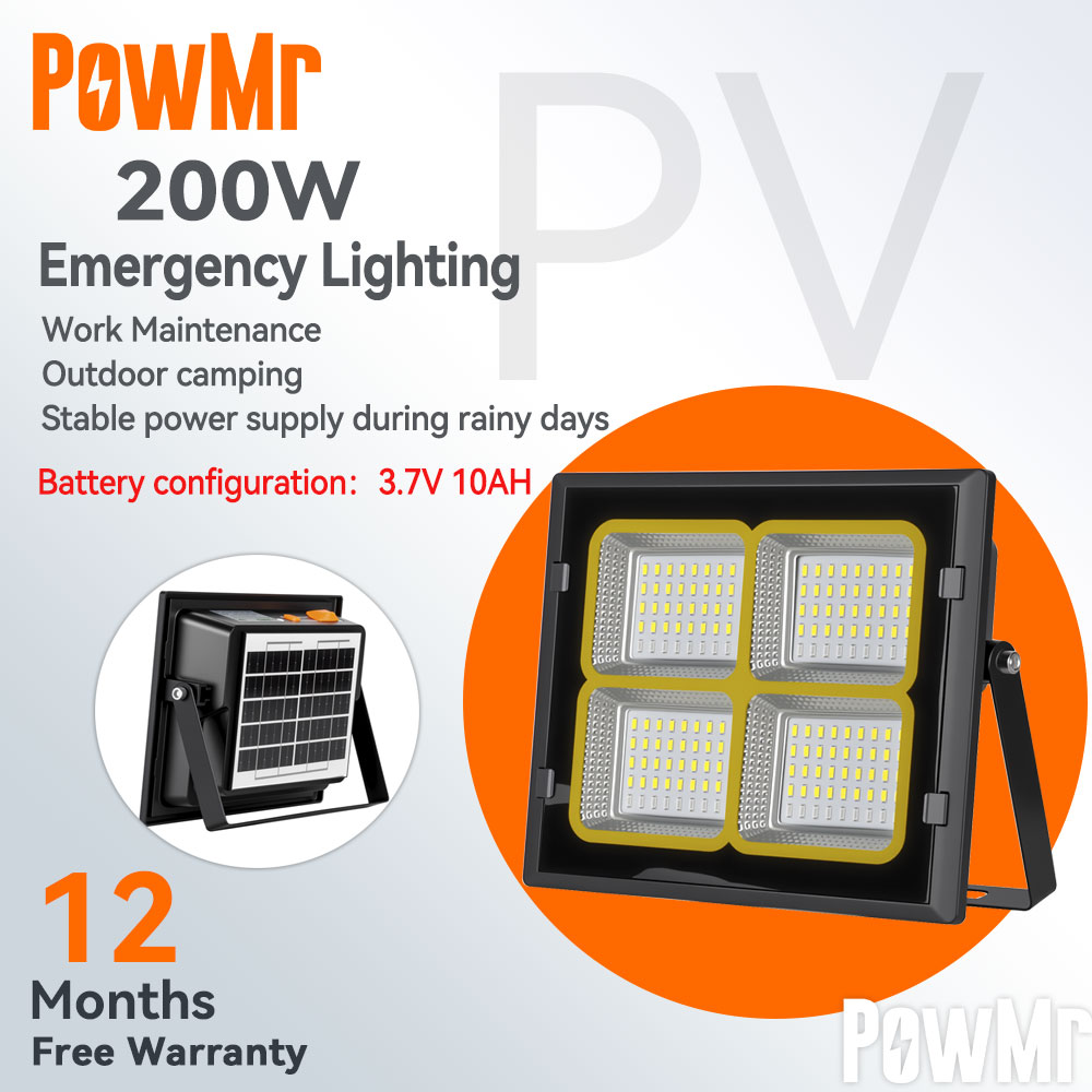 PowMr 200W Emergency Lighting LED Floodlight with Solar Panel 3.7V 10AH Battery 12 Months Warranty Suitable for Work Maintenance Outdoor Camping and Rainy Day Power Supply.
