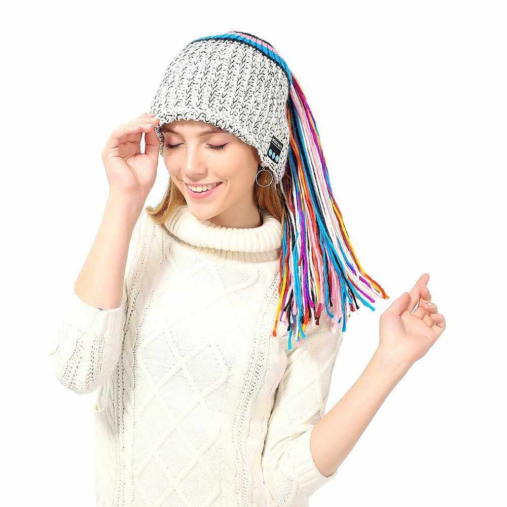 MZ029 BT5.0 Connected Nepal Dirty Braid Imitation Design Music Knitted Hat One-click Answering/ Hanging up Built-in Microphone 200mAh High Capacity Rechargeable Batter-y White for Adult Outdoor Sport One Size Foldable Portable Present Gif (White)