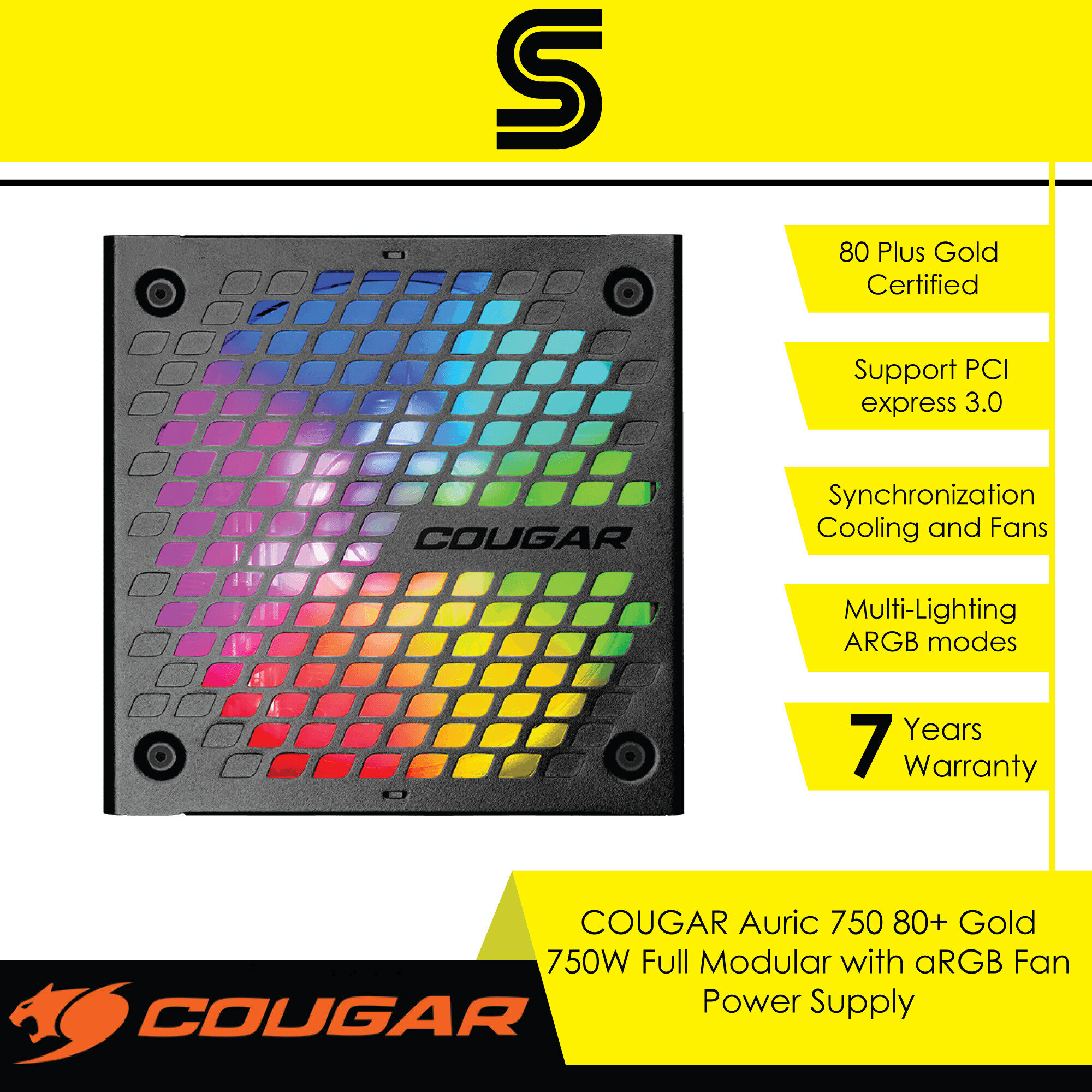 COUGAR AURIC 750 80+ Gold 750W Full Modular with aRGB Fan Power Supply