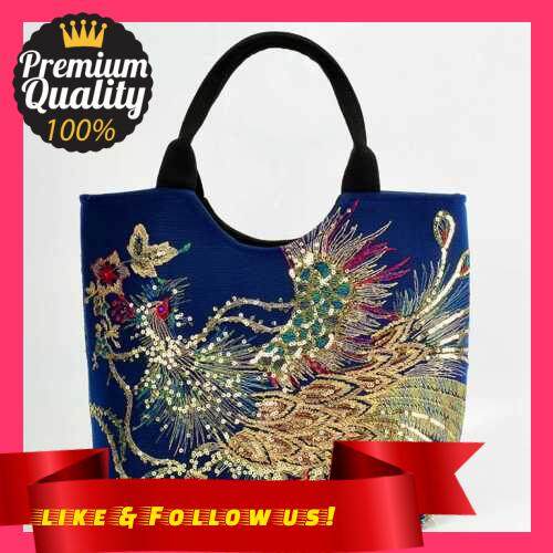 People\'s Choice Women Shoulder Bag Peacock Embroidered Shiny Sequins Zipper Canvas Tote Bag Handbag (Dark Blue)