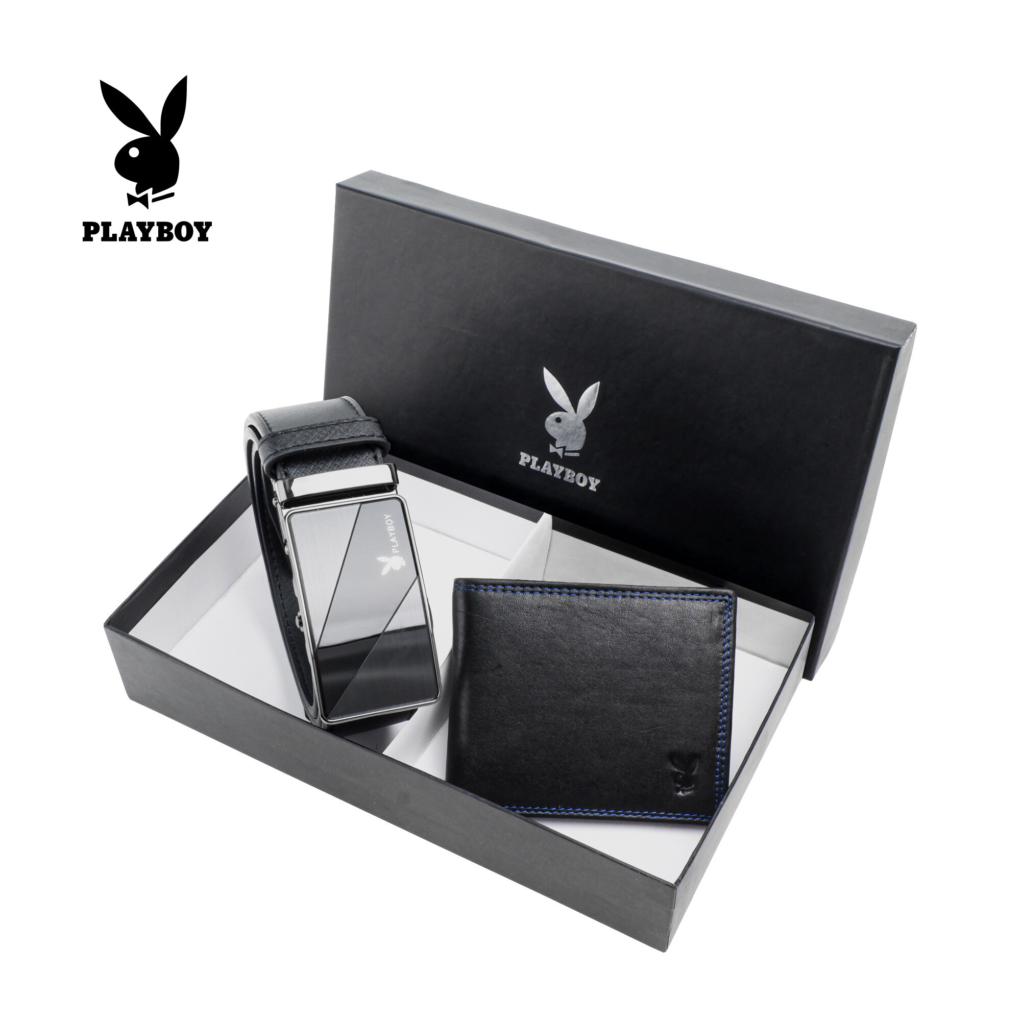 PLAYBOY 35MM Auto Belt And RFID Bifold Wallet Gift Set PGS 423 Black
