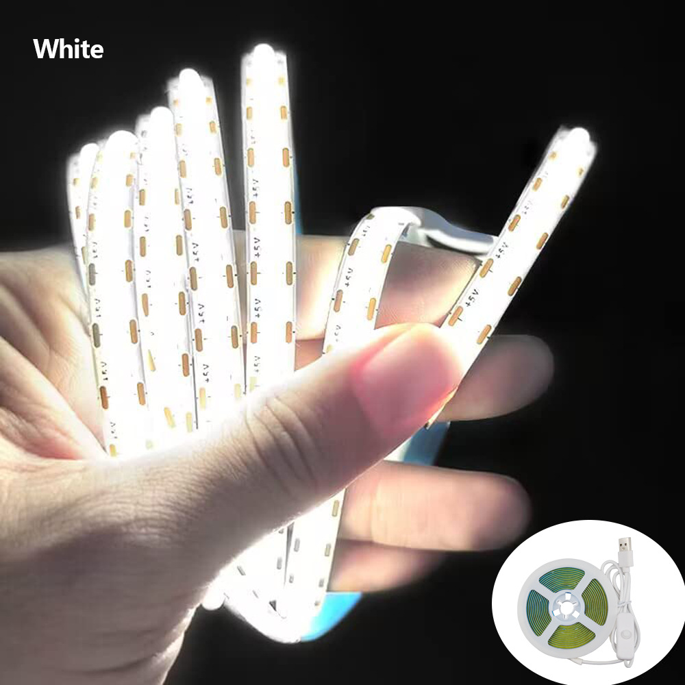 COB LED Strip Light 360 LEDs High Density Flexible COB LED Lights USB Battery Powered 5V Cut Freely Strip Lights for Living Room Bedroom Ceiling Warm/White LED Tape 1M 5M