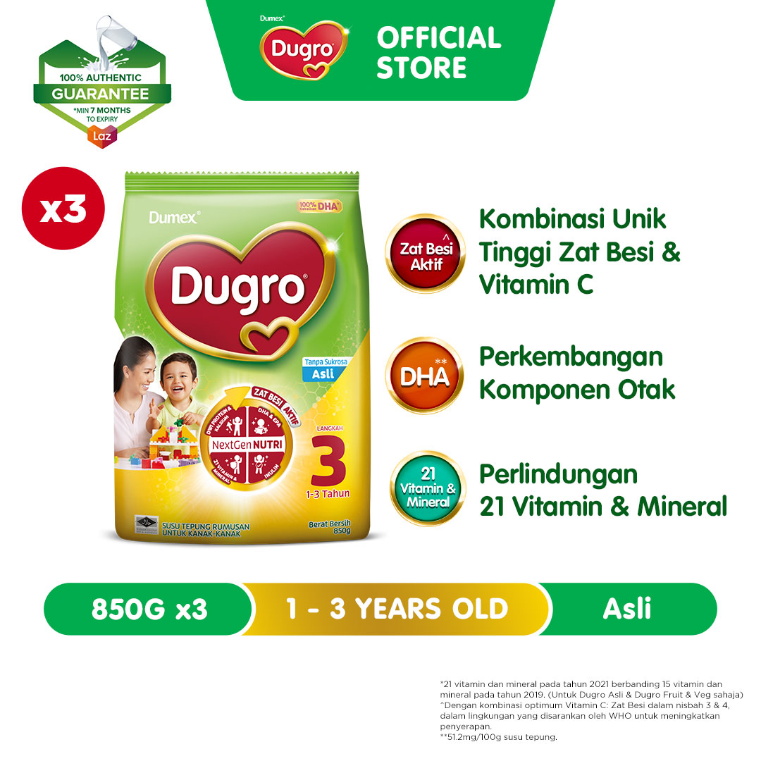 Dumex Dugro Step 3 Original/Asli Growing Up Milk Formula 1 - 3 years 850g x 3 (Susu Milk Powder 奶粉)