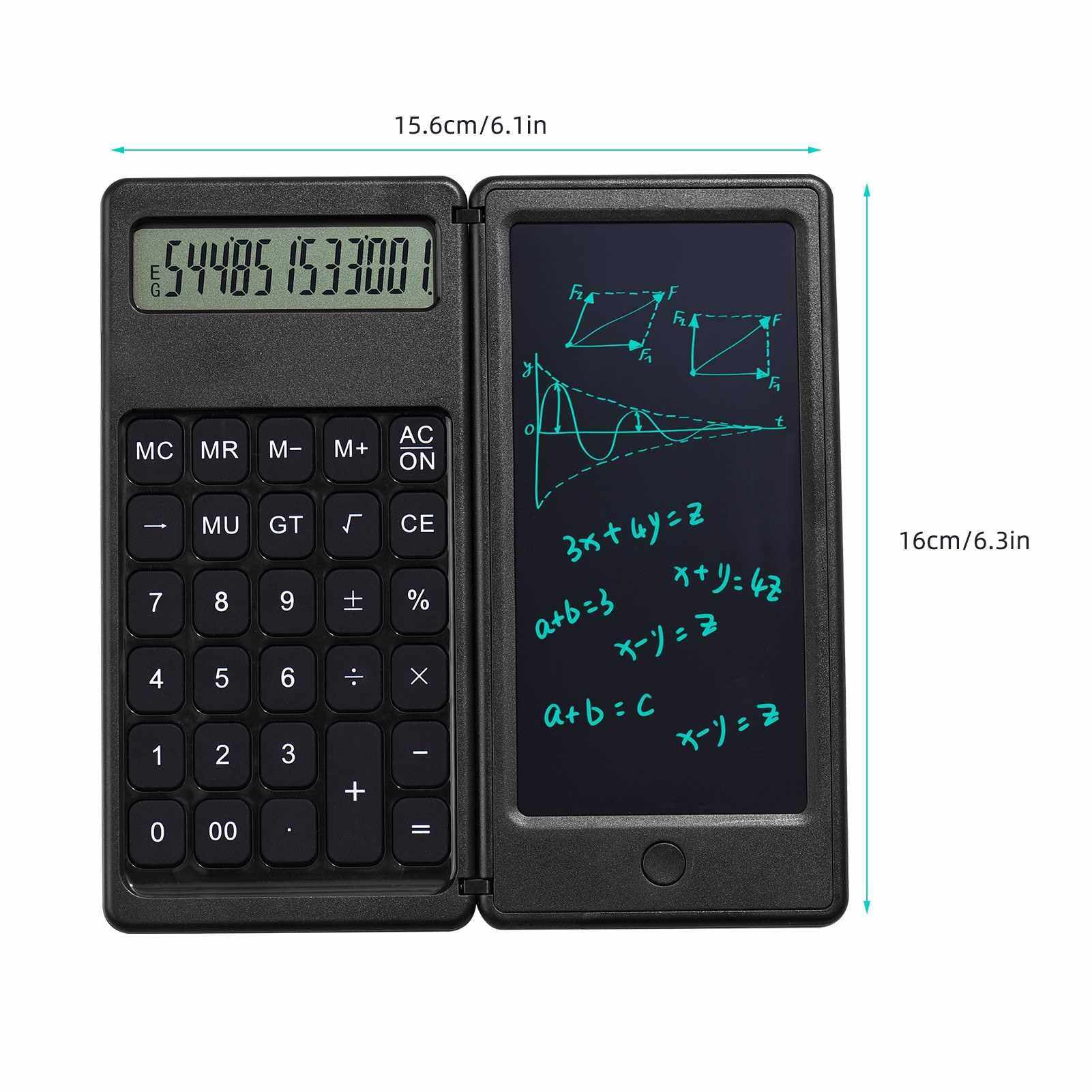 Foldable Calculator & 6 Inch LCD Writing Tablet Digital Drawing Pad 12 Digits Display with Stylus Pen Erase Button for Children Adults Home Office School Use (Black)