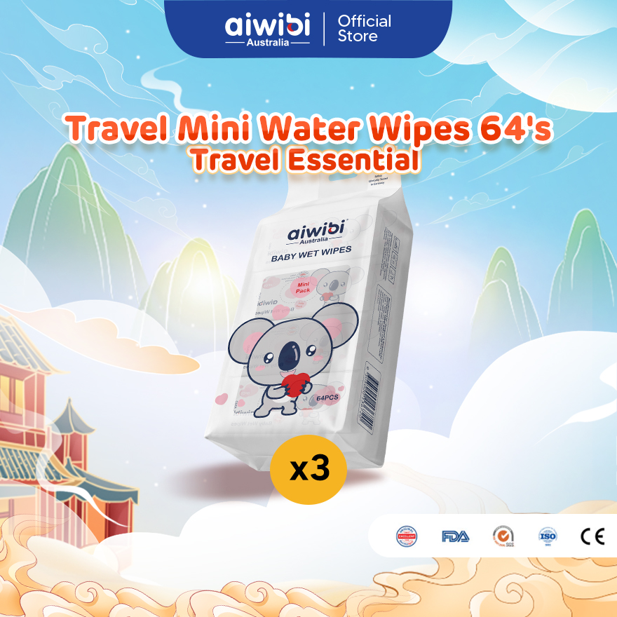 Aiwibi Baby Travel Mini Water Wipes (64s x 3Pack)