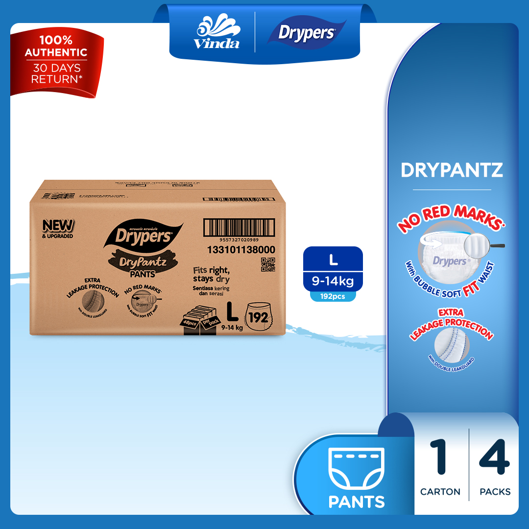 [UPGRADED] Drypers DryPantz Baby Diapers M58/ L48/ XL42/ XXL36 (4 Packs) - Bubble Soft Fit Waist Baby Pants