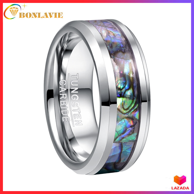 BONLAVIE 8mm Natural Abalone Shell Inlay 100% Real Tungsten Wedding Ring