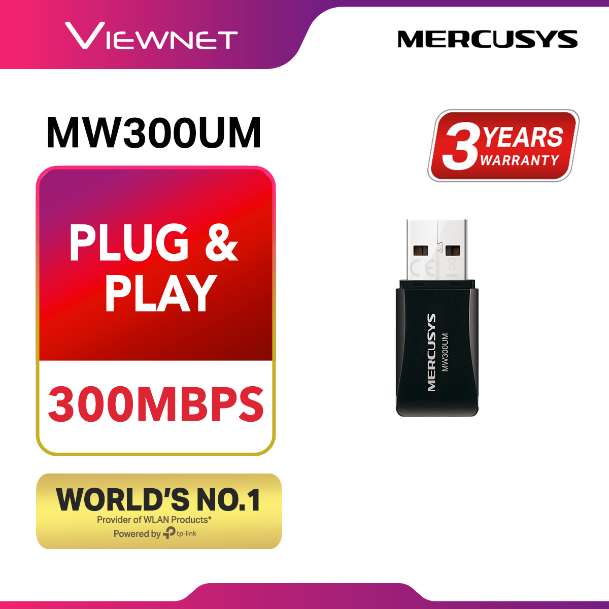 Mercusys MW300UM N300 300Mbps Mini USB Wireless WiFi Adapter w Hotspot (Powered by TP-Link)