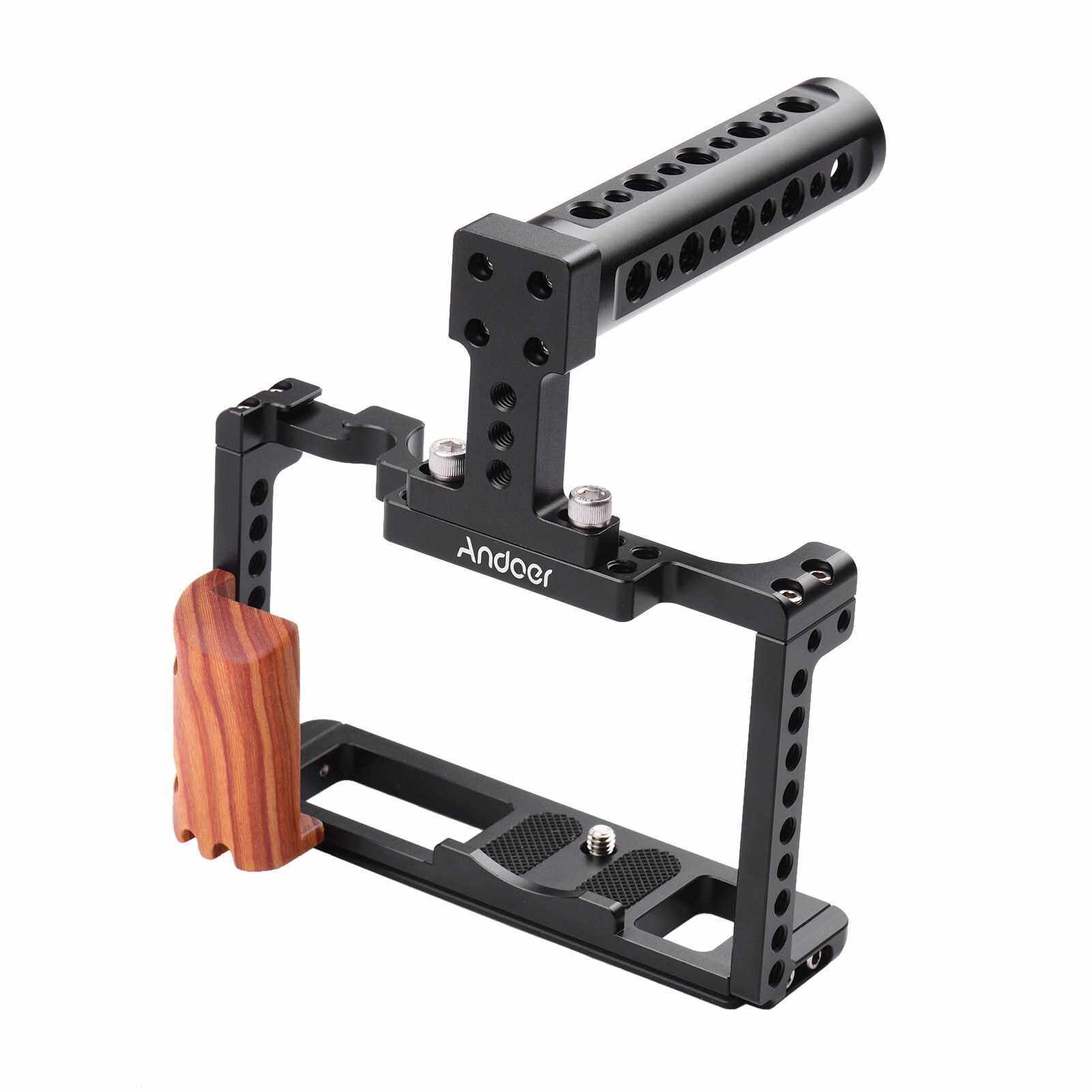 Andoer Aluminum Alloy Camera Cage Kit Protective Vlog Cage with Wooden Hand Grip Metal Top Handle Film Making System with Cold Shoe for Microphone Fill Light Compatible with Fujifilm X-T4 ILDC Camera (Standard)