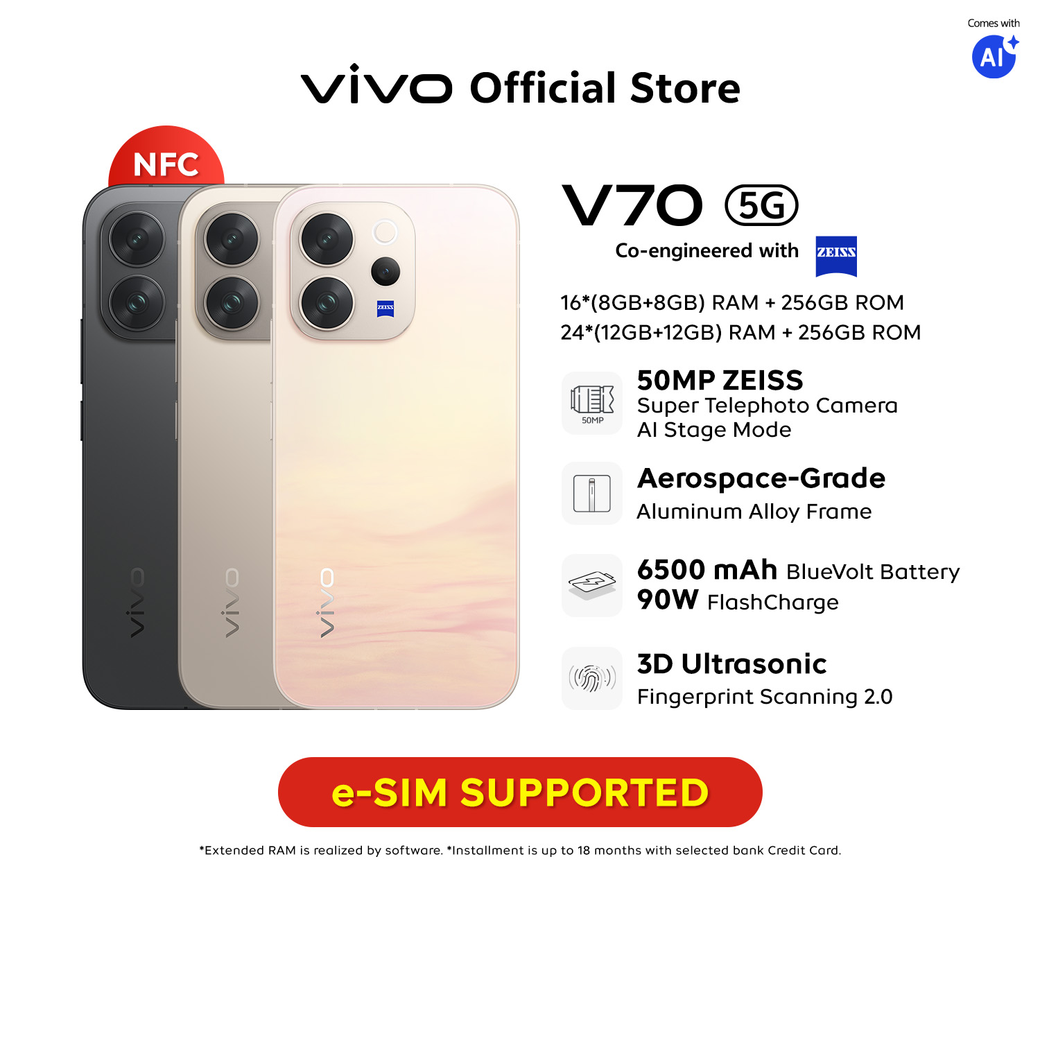 【New Arrival vivo V70 5G】| AI Stage Mode | 6500mAh BlueVolt Battery+90W FlashCharge | 3D Ultrasonic Fingerprint Scanning 2.0 | Aerospace-Grade Aluminum Alloy Frame | 4K 60 fps Video | NFC