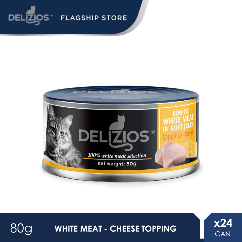 Delizios 80G Bonito White Meat in Soft Jelly Topping Cheese Wet Cat Food X 24 Cans