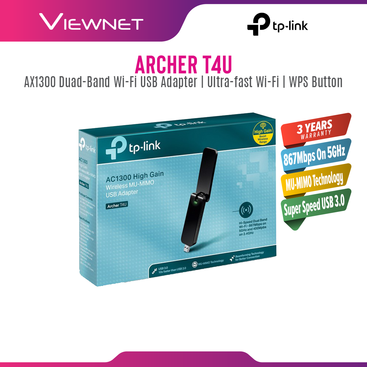 TP-Link Archer T4U AC1300 Wireless Dual Band USB 3.0 WiFi Adapter
