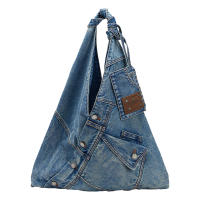 URBAN REVIVO Tote Shoulder Bag Large Capacity Denim with Leather Accents for Daily Commute and Dating