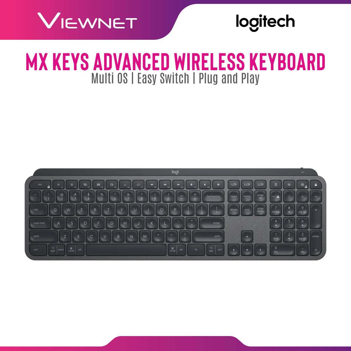 Logitech MX Keys Advanced Wireless Keyboard with Multi OS, Easy-Switch Enabled, Logitech Options Software Support, USB Receiver or Wireless Connection, USB-C Rechargeable, Up To 5 Months Battery