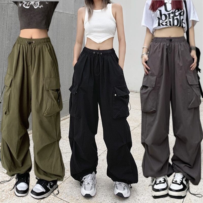 Ready stock】Women Casual Y2K Streetwear Cargo Pants Baggy Wide Leg Straight  Long Pants Big Pockets Oversize Dance Pants Trousers